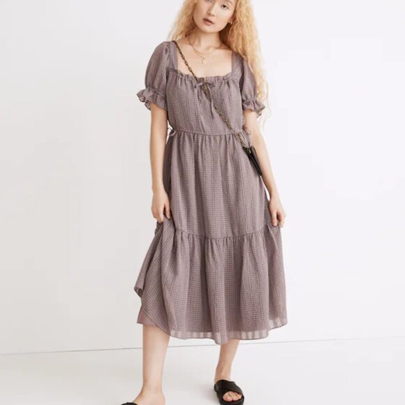 Madewell Square-Neck Tiered Midi Dress in Textured Seersucker - Picture 1 of 9